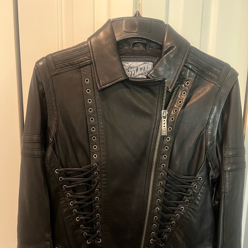 Affliction Black Leather Jacket with Lace-Up Design